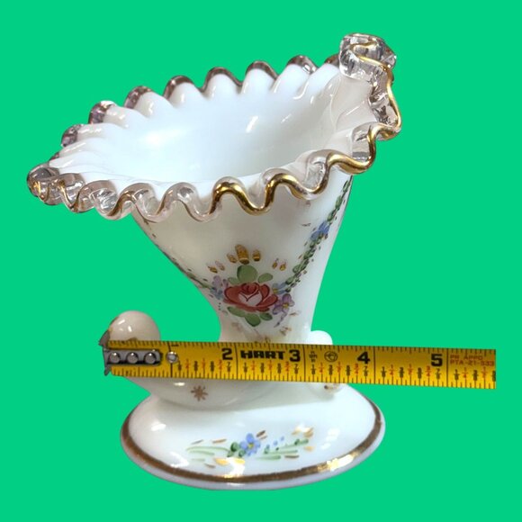 Fenton Cornucopia Milk Glass Gold Crested Bud Vase Hand Painted Floral Design - Picture 3 of 8